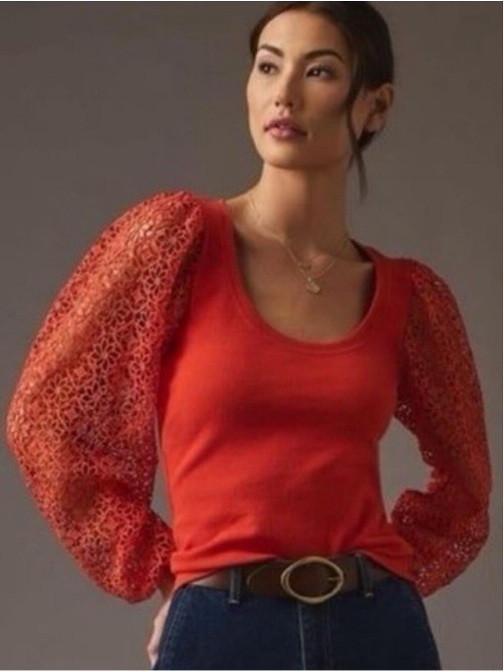 Anthropologie Maeve Red Lace Long Sleeve Top Stretch Cotton Size XL Professional